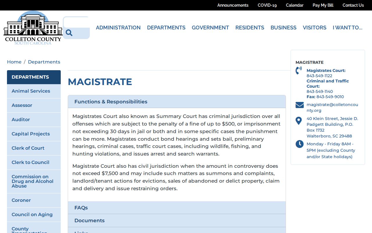 Colleton County warrant routing to the centralized Magistrate Court