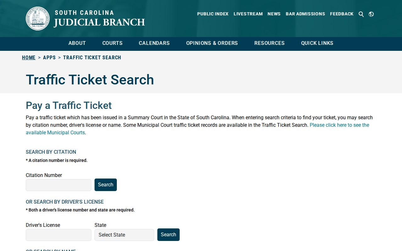 Colleton County traffic warrant check reference, South Carolina traffic ticket search fields