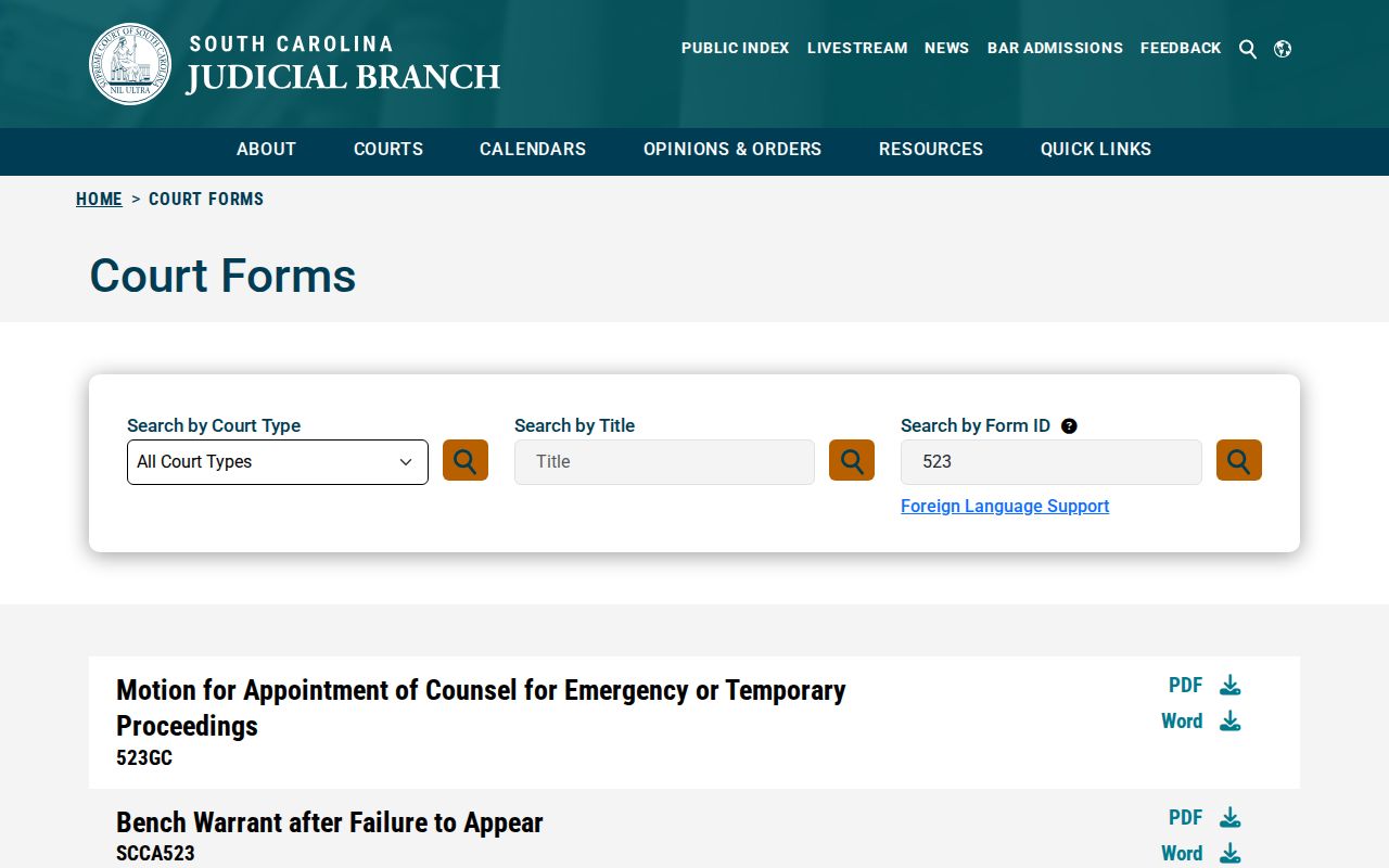 Colleton County bench warrant search reference, South Carolina form listing for SCCA523