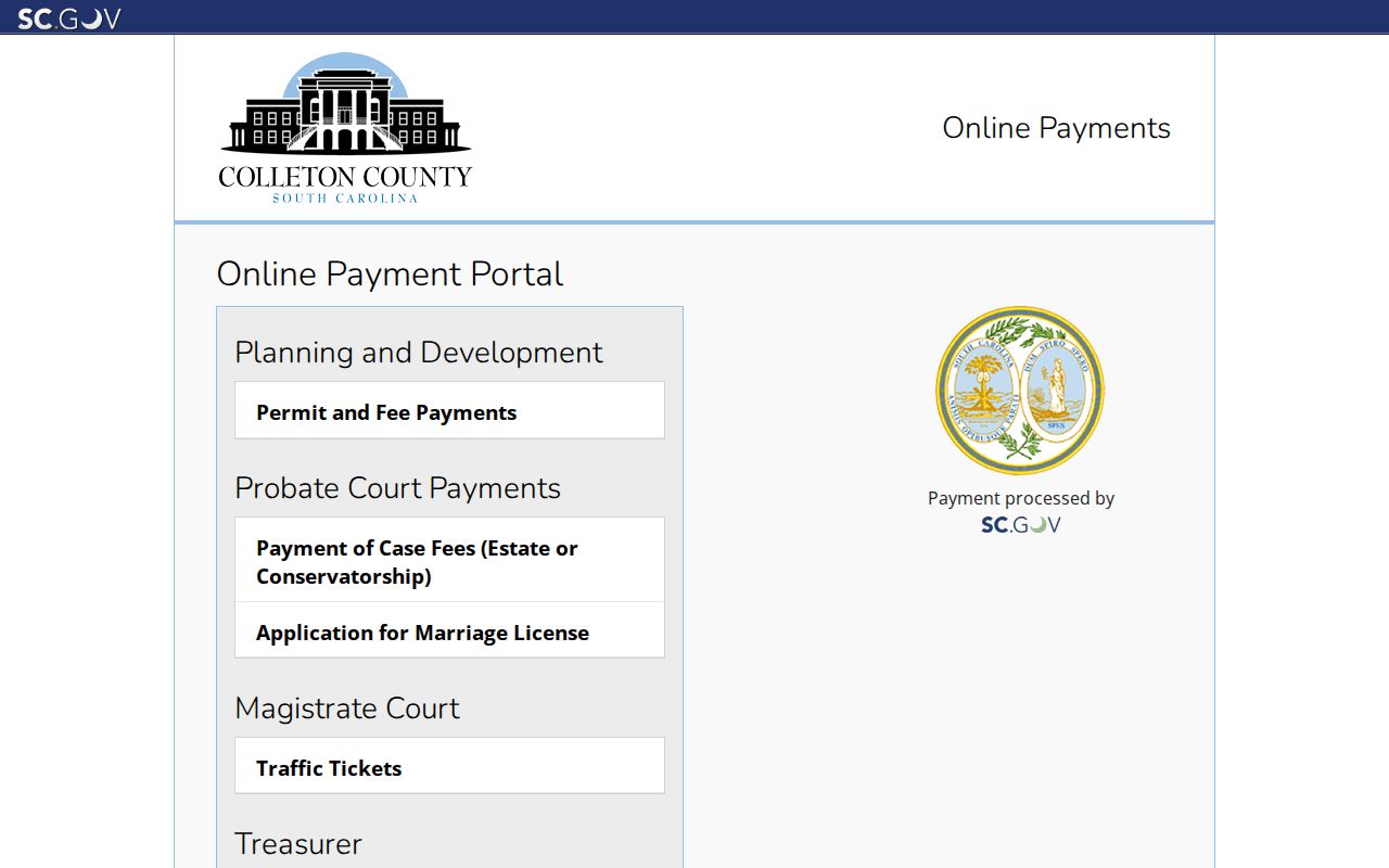 Colleton County traffic warrant payment route through the official SC.GOV court payment hub