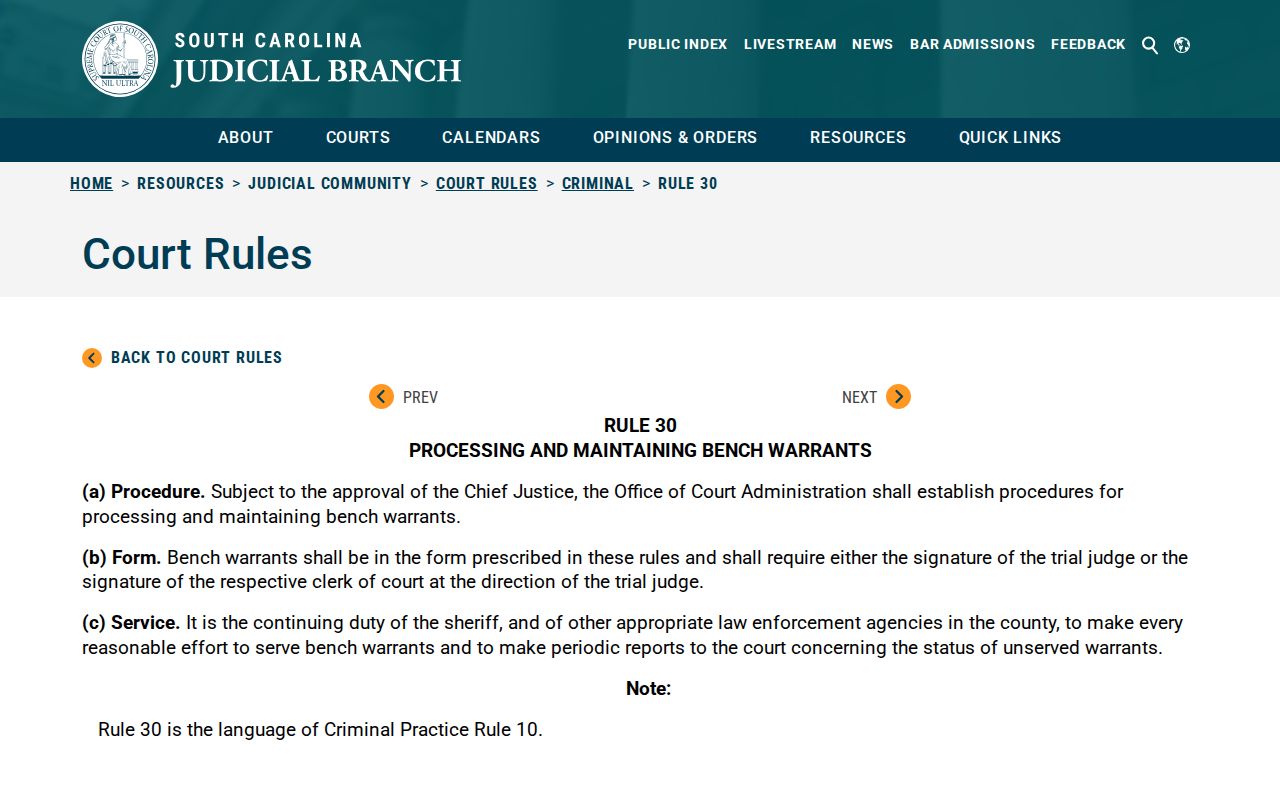 Colleton County bench warrant service reference, South Carolina Criminal Rule 30 text