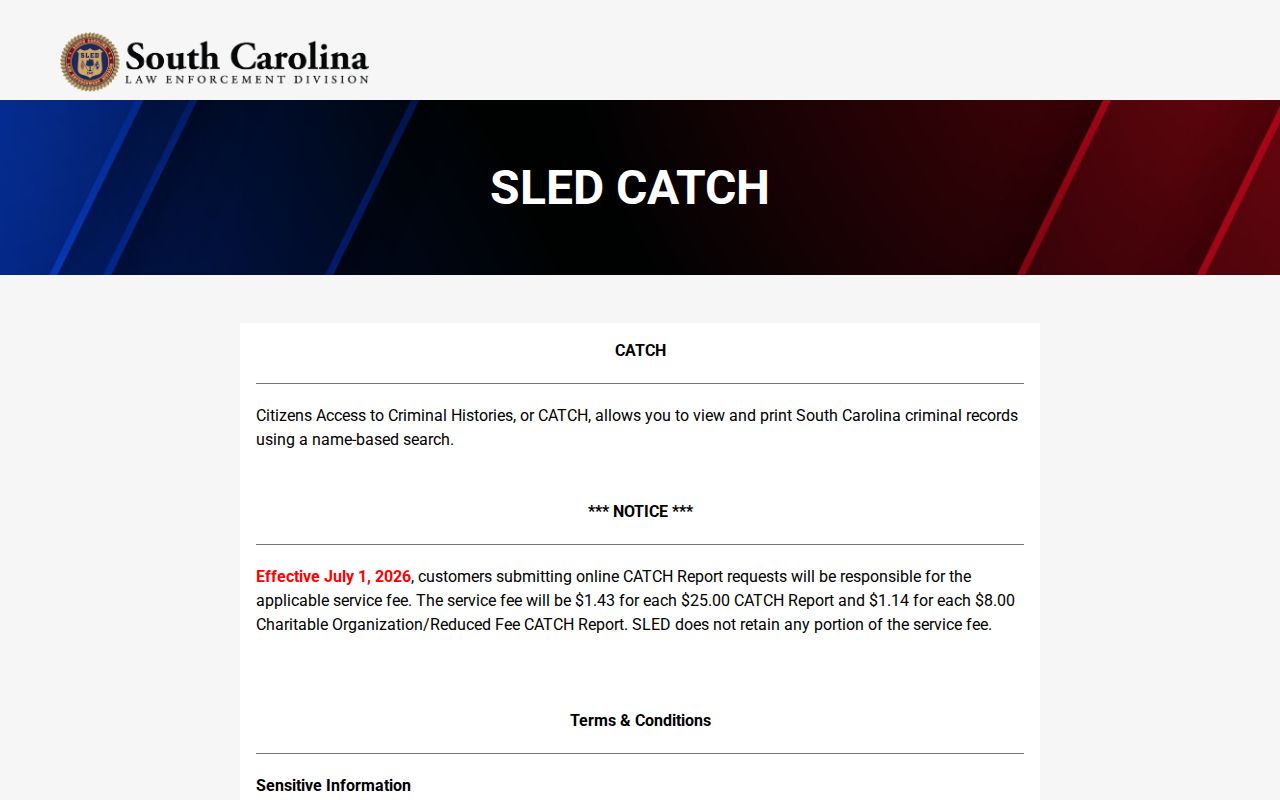Colleton County arrest warrant lookup limitation shown on the SLED CATCH search notice