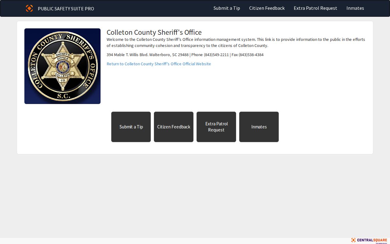 Colleton County warrant information limit on the Sheriff-linked portal landing screen
