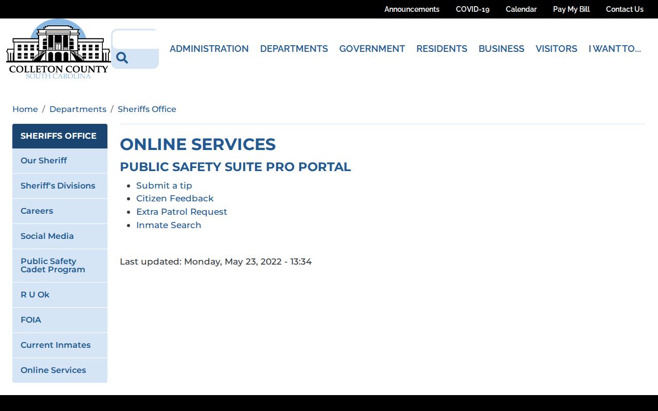 Colleton County warrant search options on the Sheriff’s public online-services page