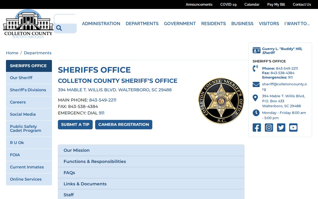 Colleton County warrant contact information on the official Sheriff's Office page